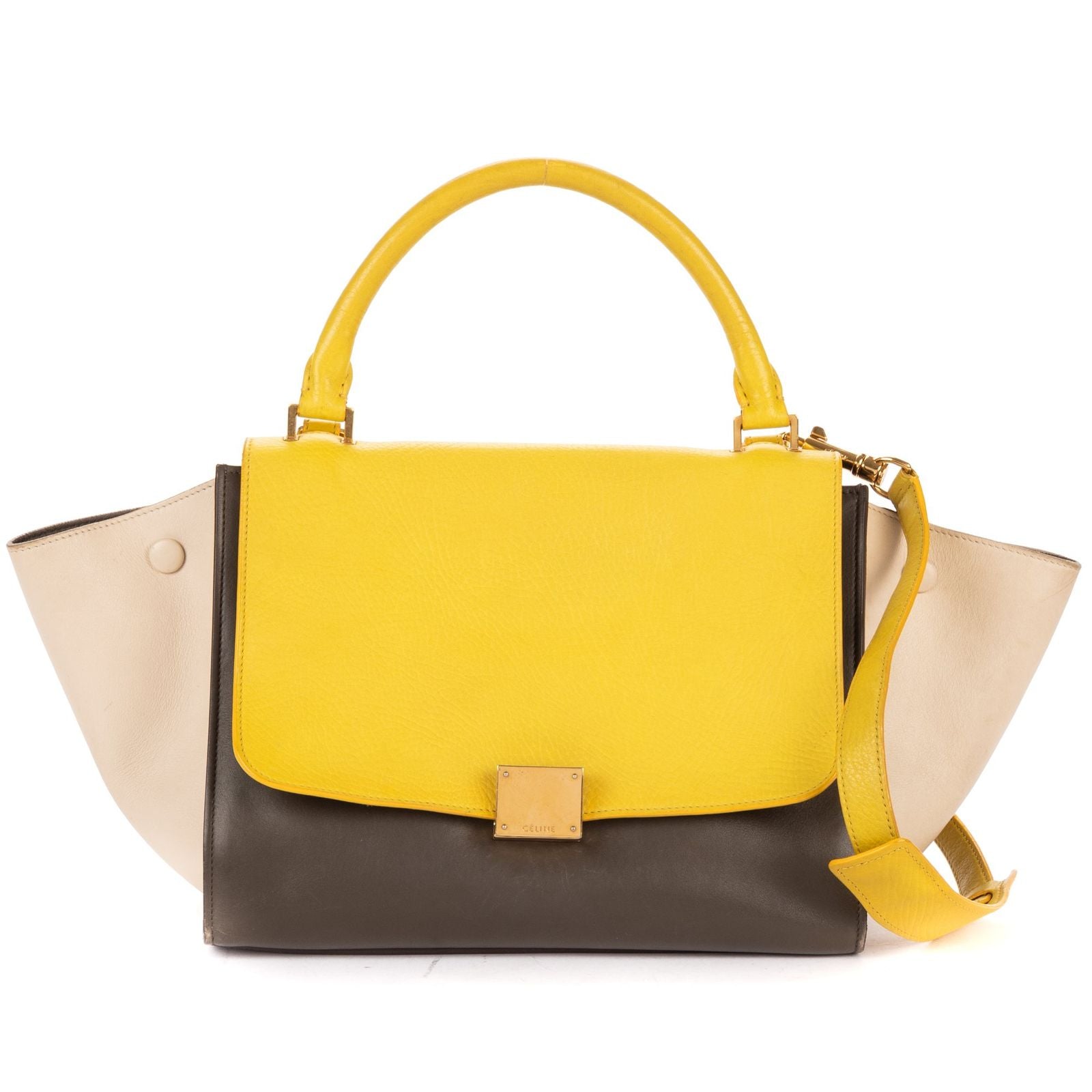 Celine Small Tricolor Trapeze Gray Yellow Beige Calfskin Leather Shoulder