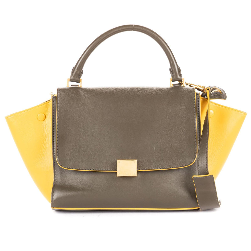 Celine Trapeze Khaki Color Yellow Calfskin Leather Shoulder
