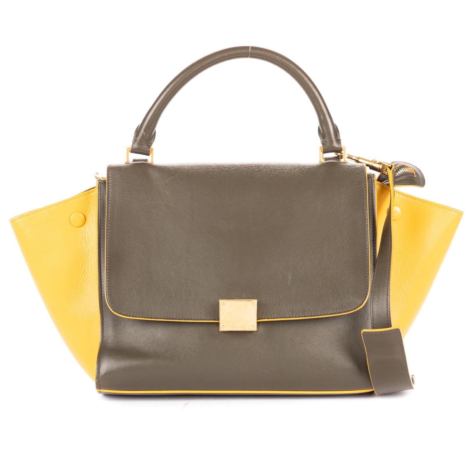 Celine Trapeze Khaki Color Yellow Calfskin Leather Shoulder