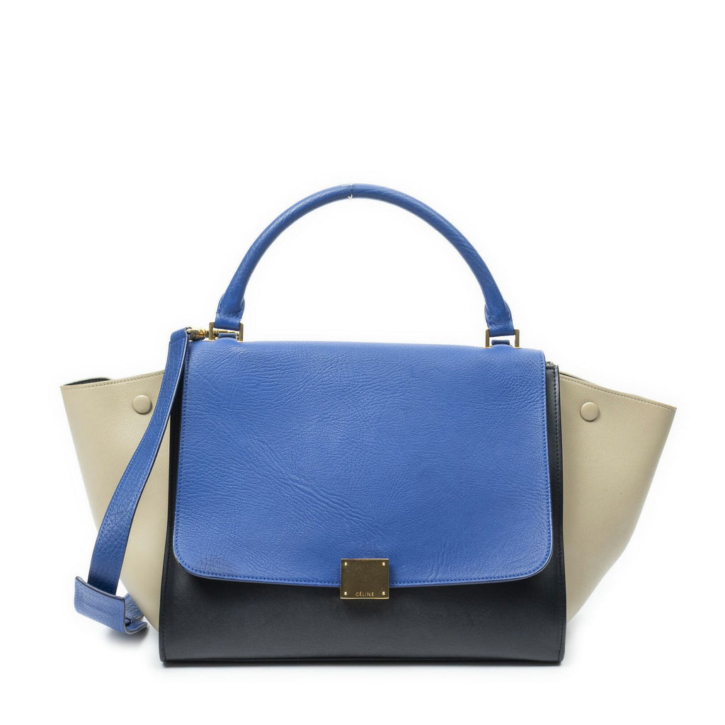 Celine Tricolor Trapeze Black Beige Blue Smooth Leather Shoulder