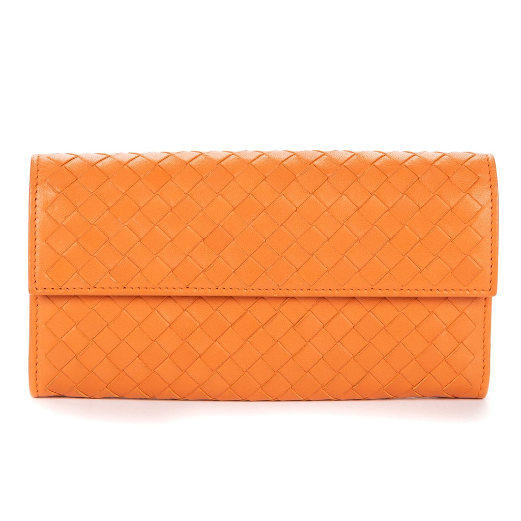 Bottega Venetal Flap Walletorange Intrecciato Calfskin Leathera Wallet