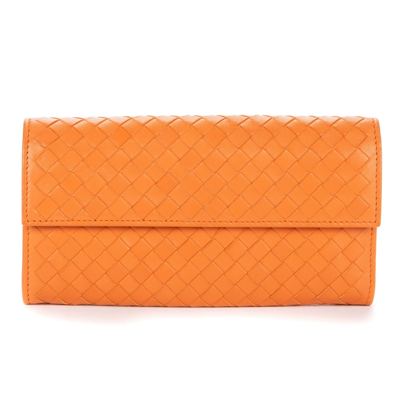 Bottega Venetal Flap Walletorange Intrecciato Calfskin Leathera Wallet