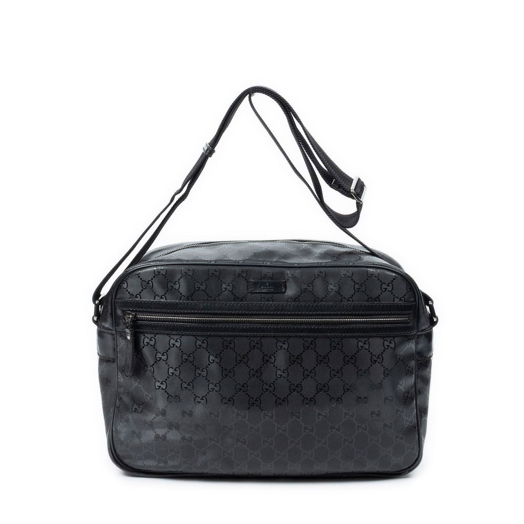 Gucci Large Flap Bag Messenger Black Guccissima Imprint Canvas