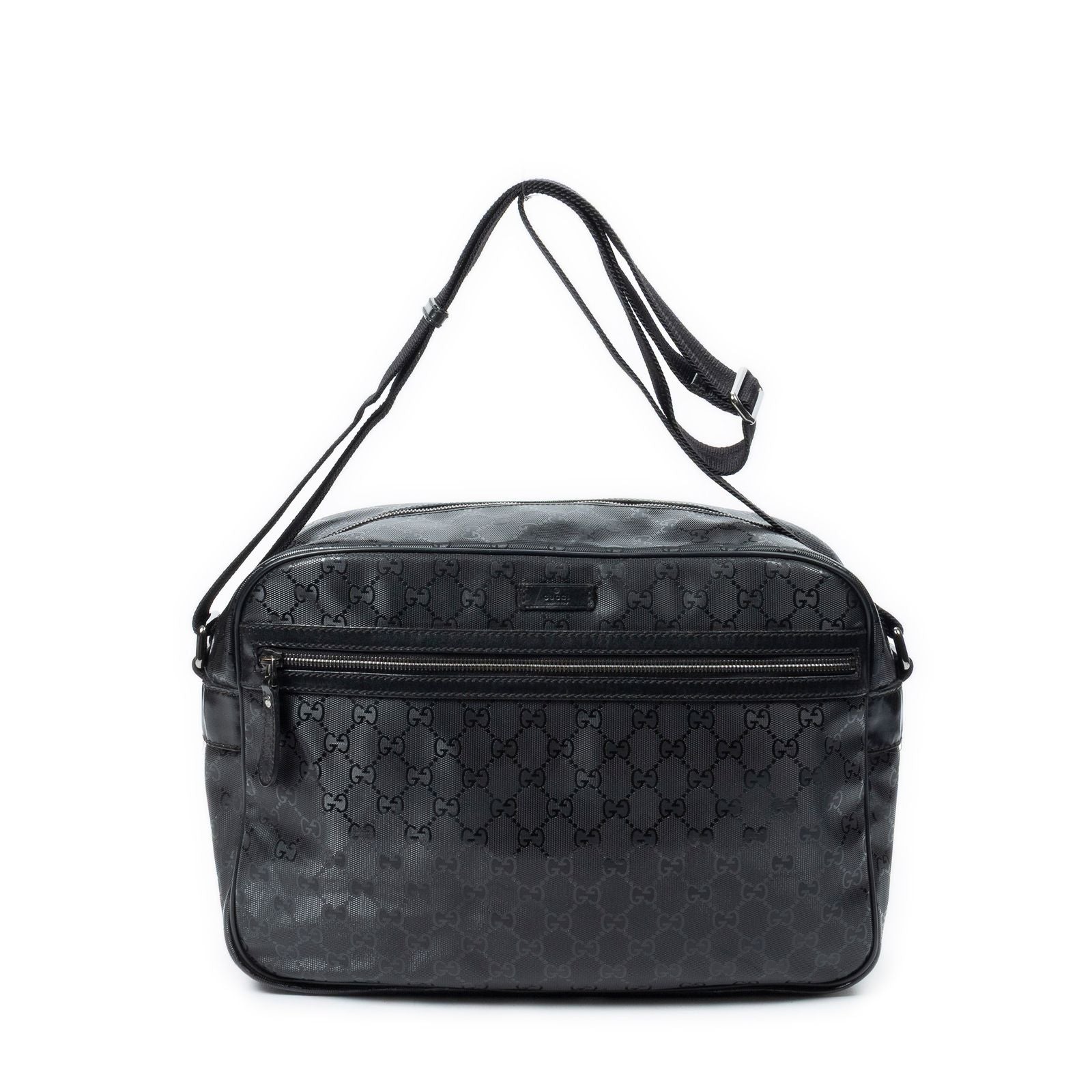 Gucci Large Flap Bag Messenger Black Guccissima Imprint Canvas