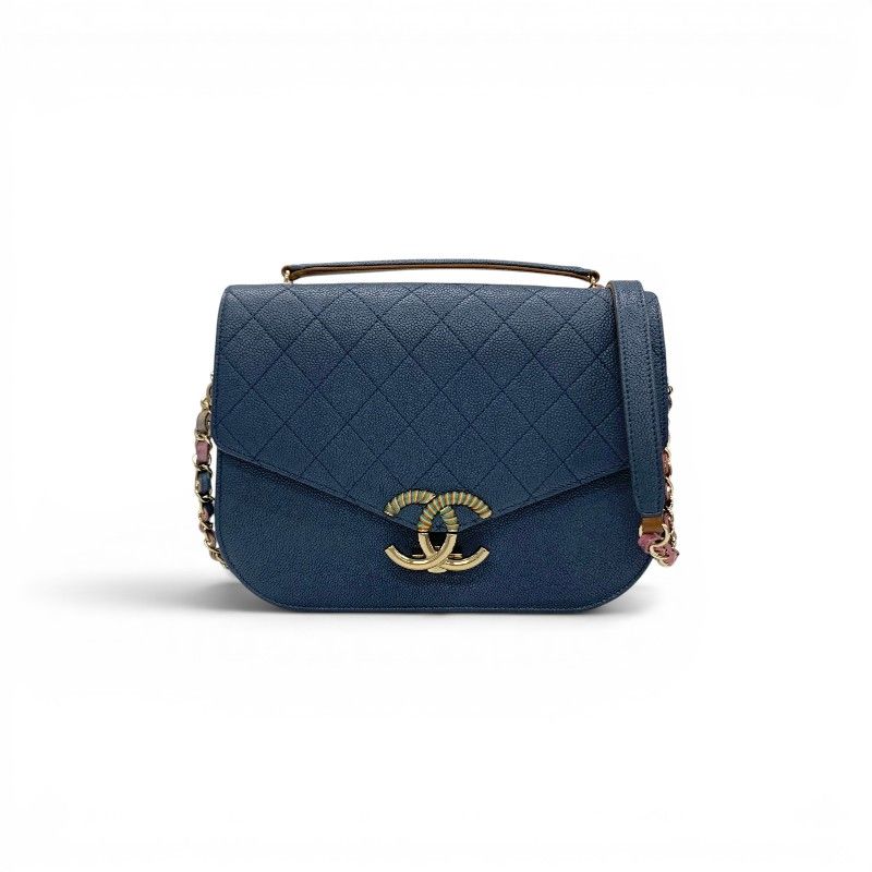 Chanel Shoulder Bag Blue Multicolor Half CC Logo Quilted Chain