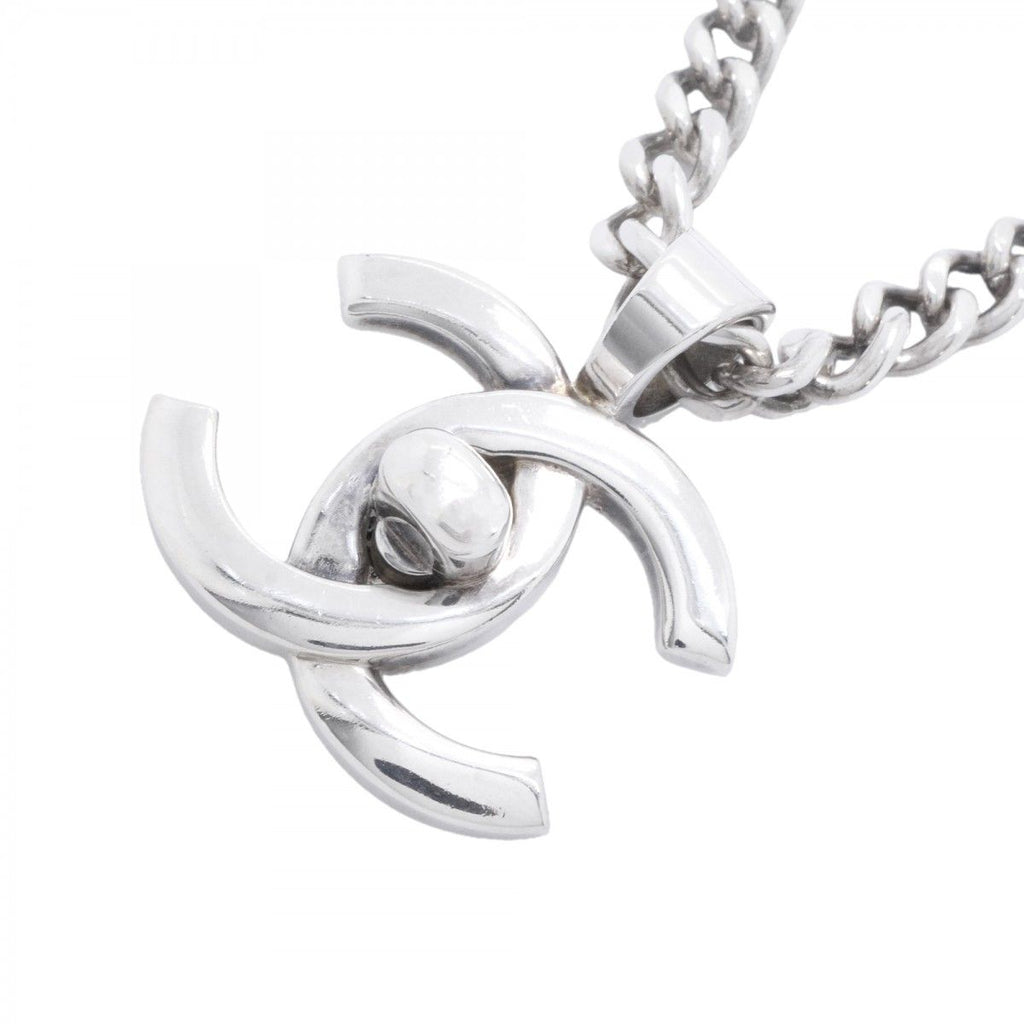Chanel Necklace Vintage CC Logo Turnlock Metal Silver