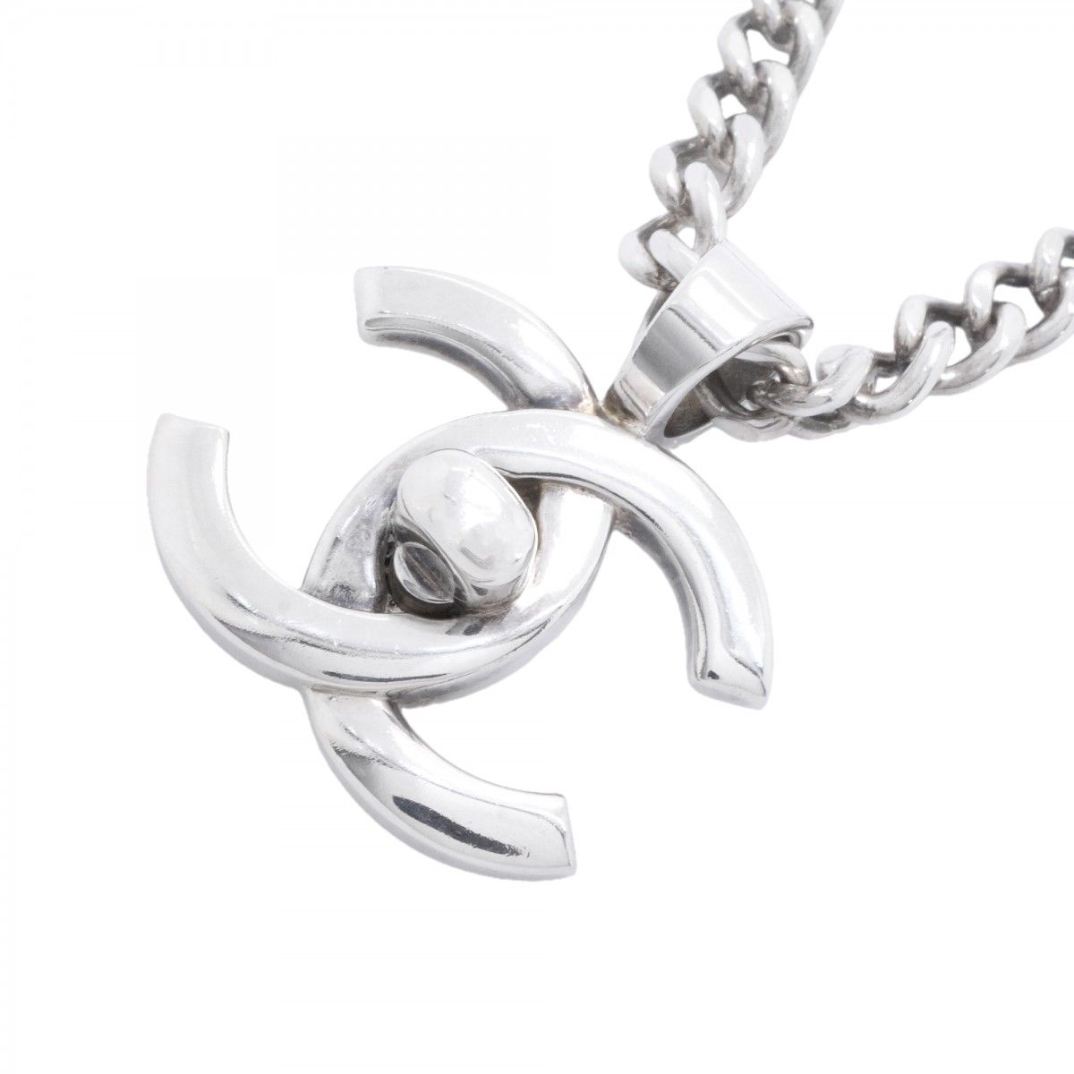 Chanel Necklace Vintage CC Logo Turnlock Metal Silver