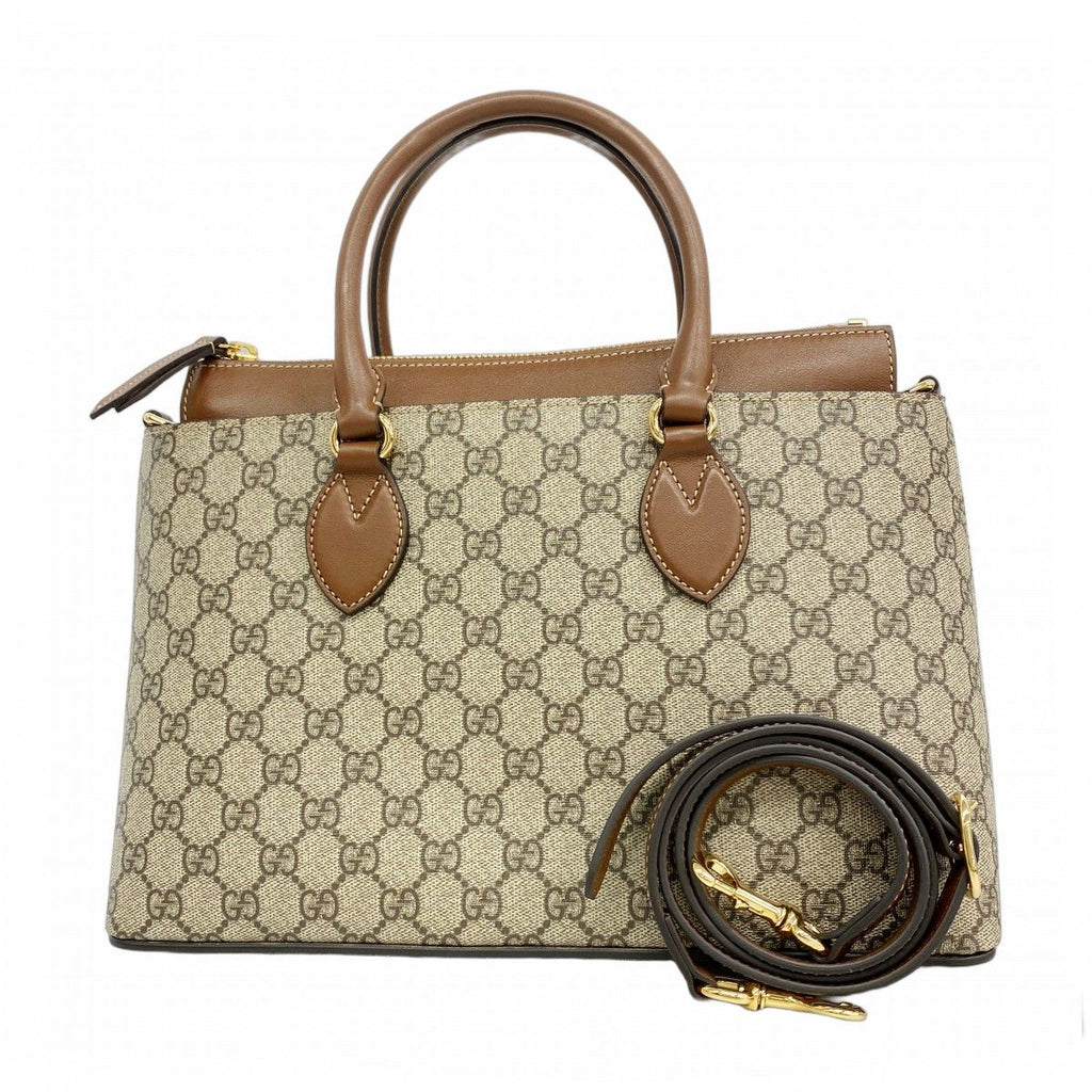 Gucci Handbag GG Supreme Canvas Beige Brown Gold 2-Way