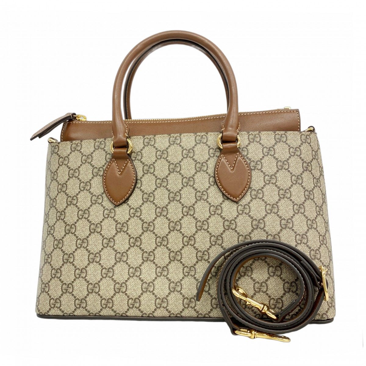 Gucci Handbag GG Supreme Canvas Beige Brown Gold 2-Way