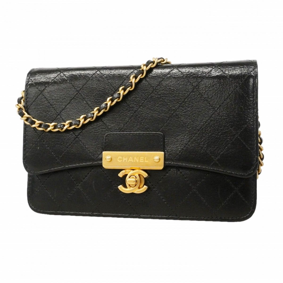 Chanel Shoulder Wallet Quilted Leather Black Champagne Gold