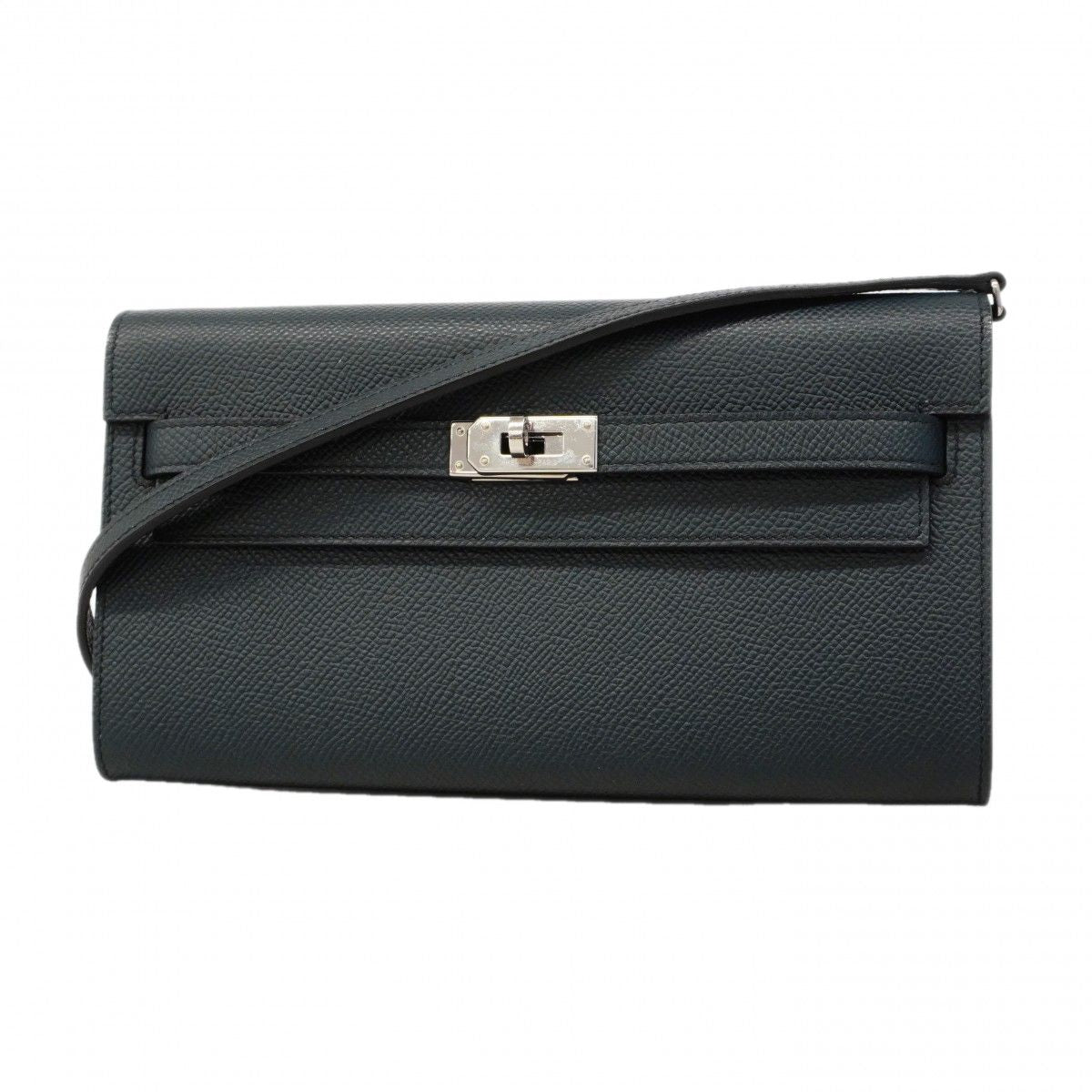 Hermes Shoulder Wallet Kelly Tougo Verso Veau Epsom Black Blue Nuit Silver