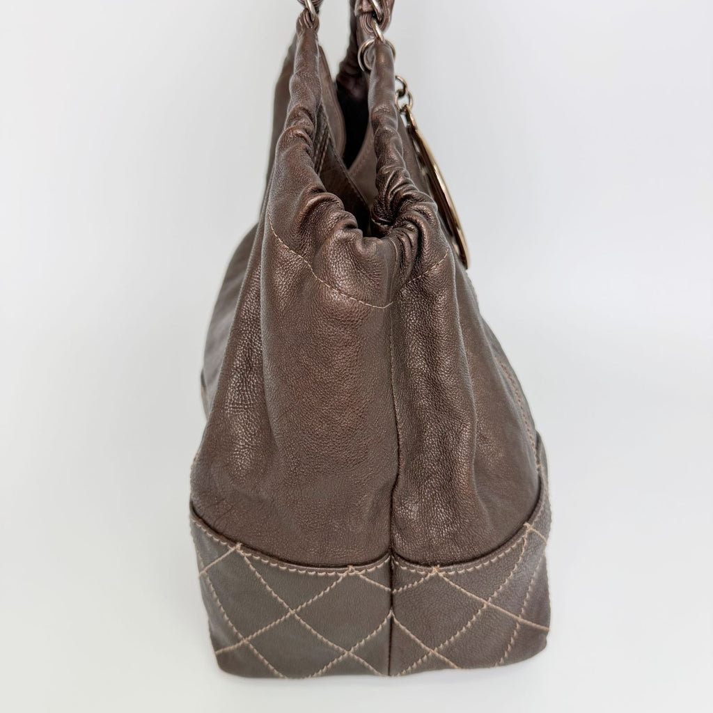 Chanel CC Logo Quilted Chain Tote Shoulder Bag Leather Brown Vintage — view 7