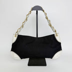 Chanel CC Logo Chain Shoulder Bag Canvas Leather Black White Gold Vintage — view 3