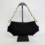 Chanel CC Logo Chain Shoulder Bag Canvas Leather Black White Gold Vintage — view 4