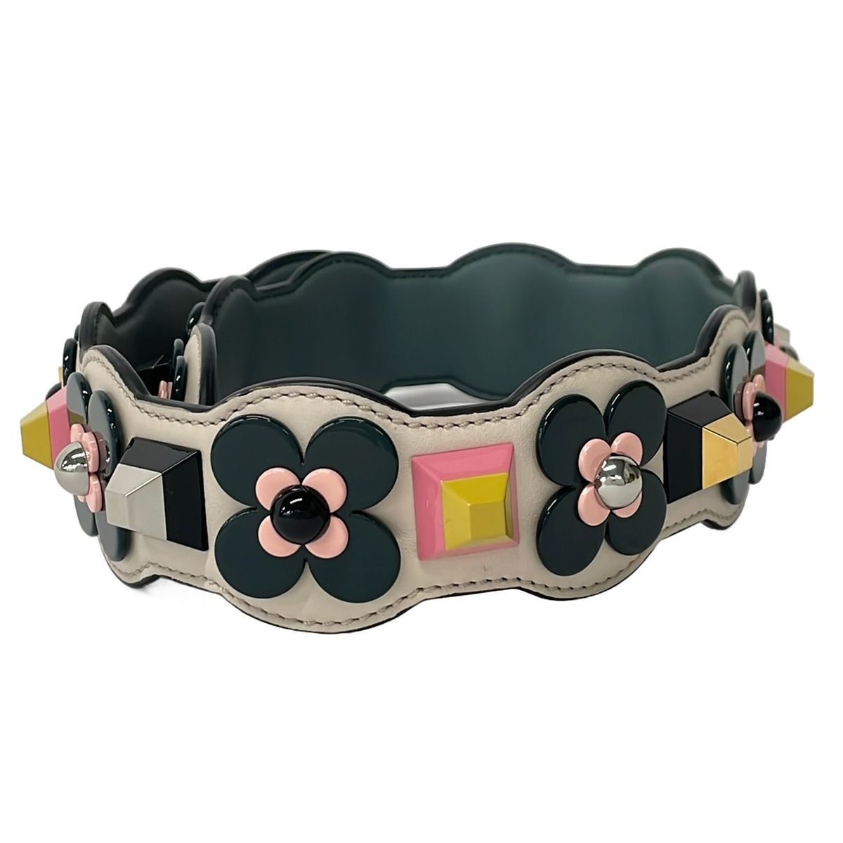 Fendi Shoulder Strap You Ivory Dark Green Pink Flower Studs Leather — view 2