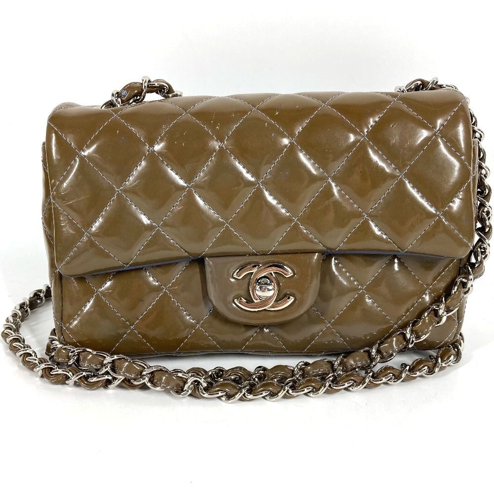 Chanel Shoulder Bag CC Logo Quilted Patent Leather Khaki