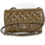 Chanel Shoulder Bag CC Logo Quilted Patent Leather Khaki