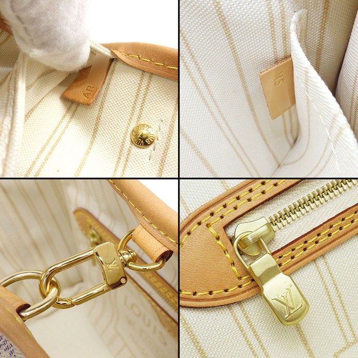 Louis Vuitton Tote Neverfull PM White Damier Azur Canvas Leather Gold — view 9