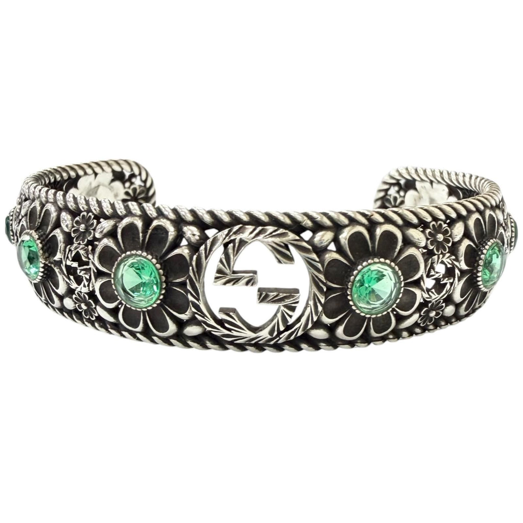 Gucci Rhinestone Crystal Floral Interlocking G Bangle Silver Green 16 Bracelet — view 2