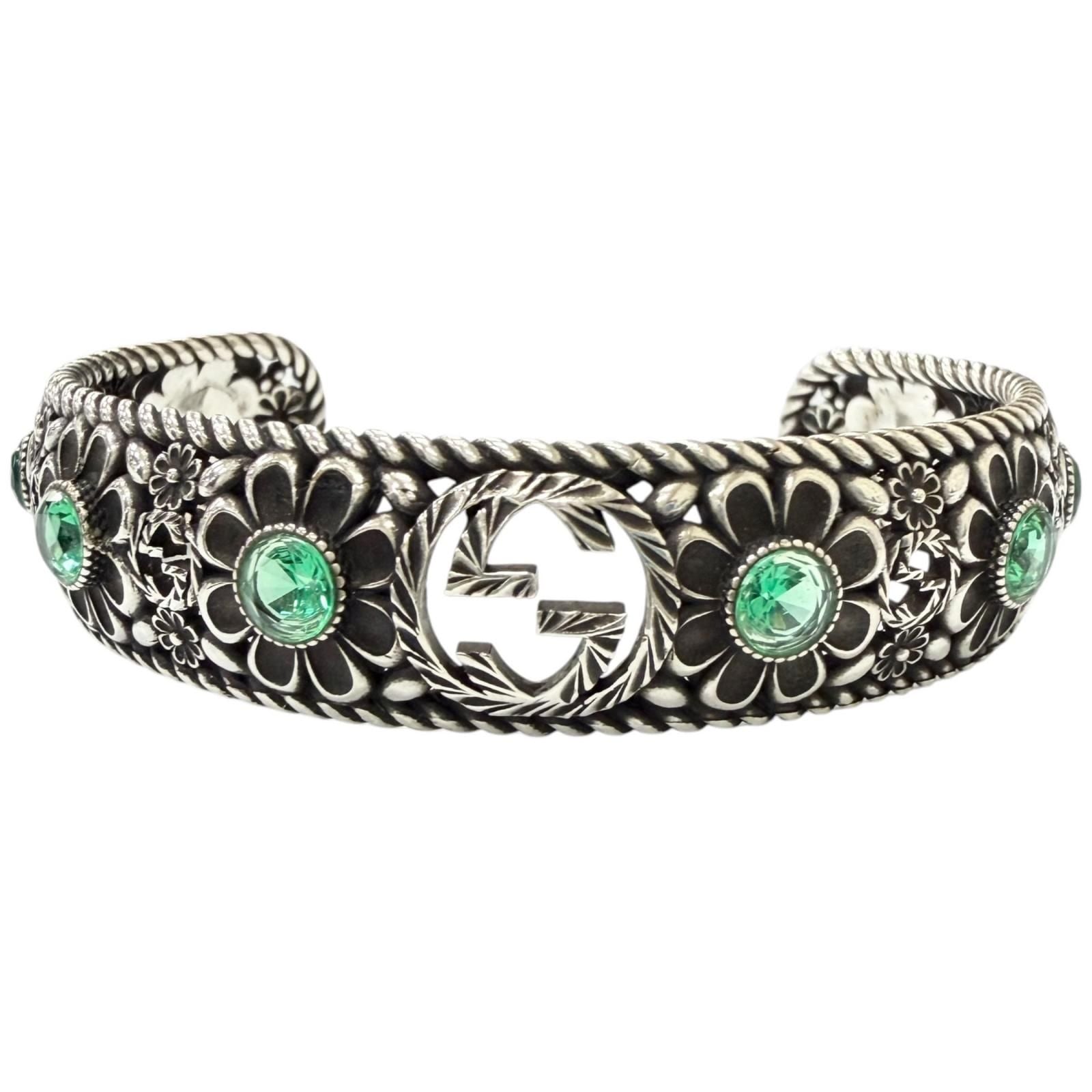 Gucci Rhinestone Crystal Floral Interlocking G Bangle Silver Green 16 Bracelet — view 2