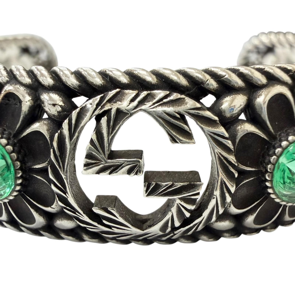 Gucci Rhinestone Crystal Floral Interlocking G Bangle Silver Green 16 Bracelet — view 4