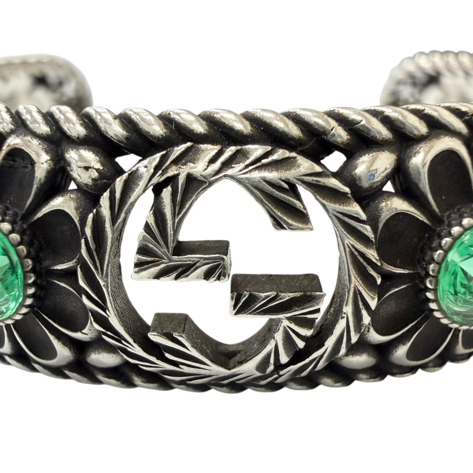 Gucci Rhinestone Crystal Floral Interlocking G Bangle Silver Green 16 Bracelet — view 4