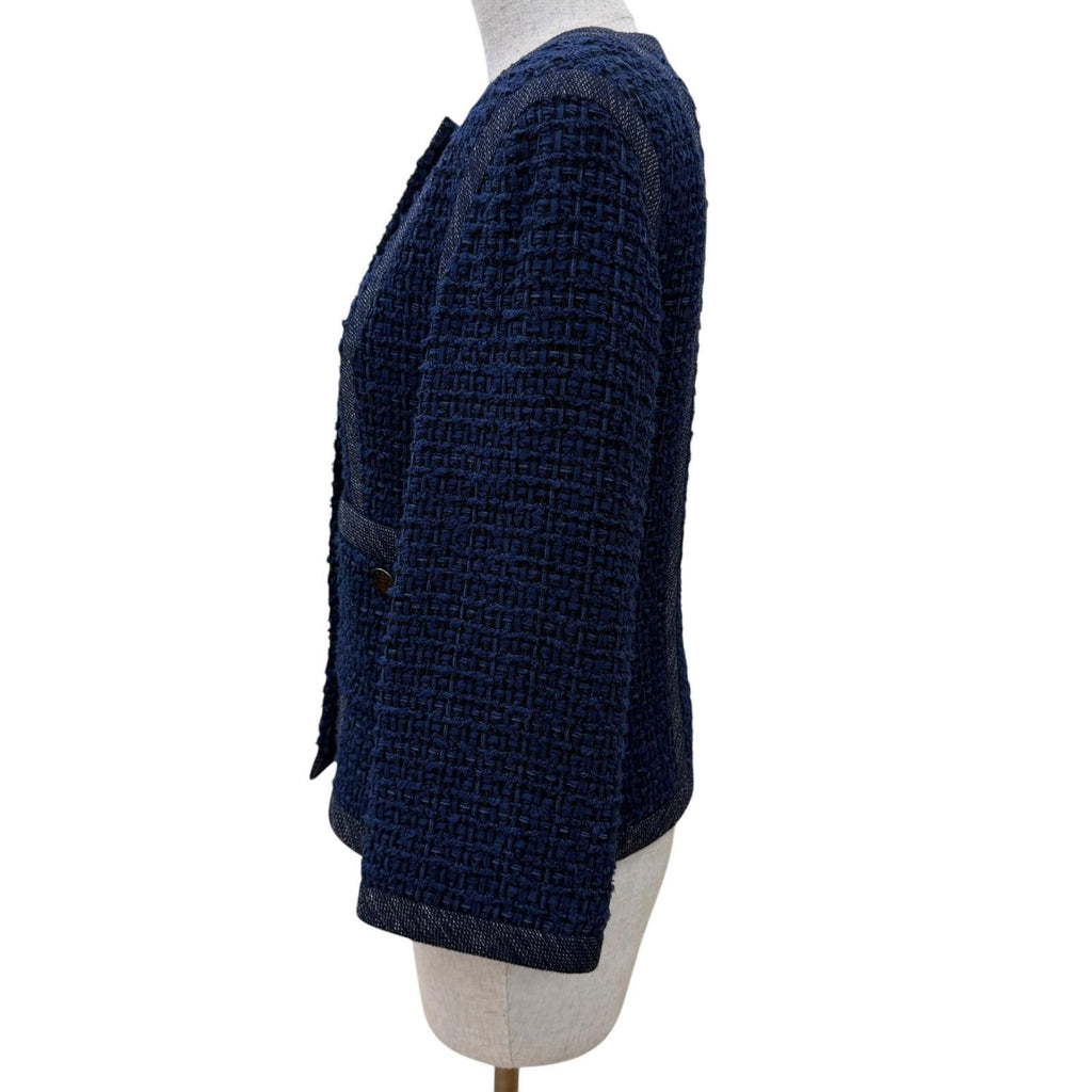 Chanel CC Logo Button Tweed Jacket Collarless Navy 36 — view 3