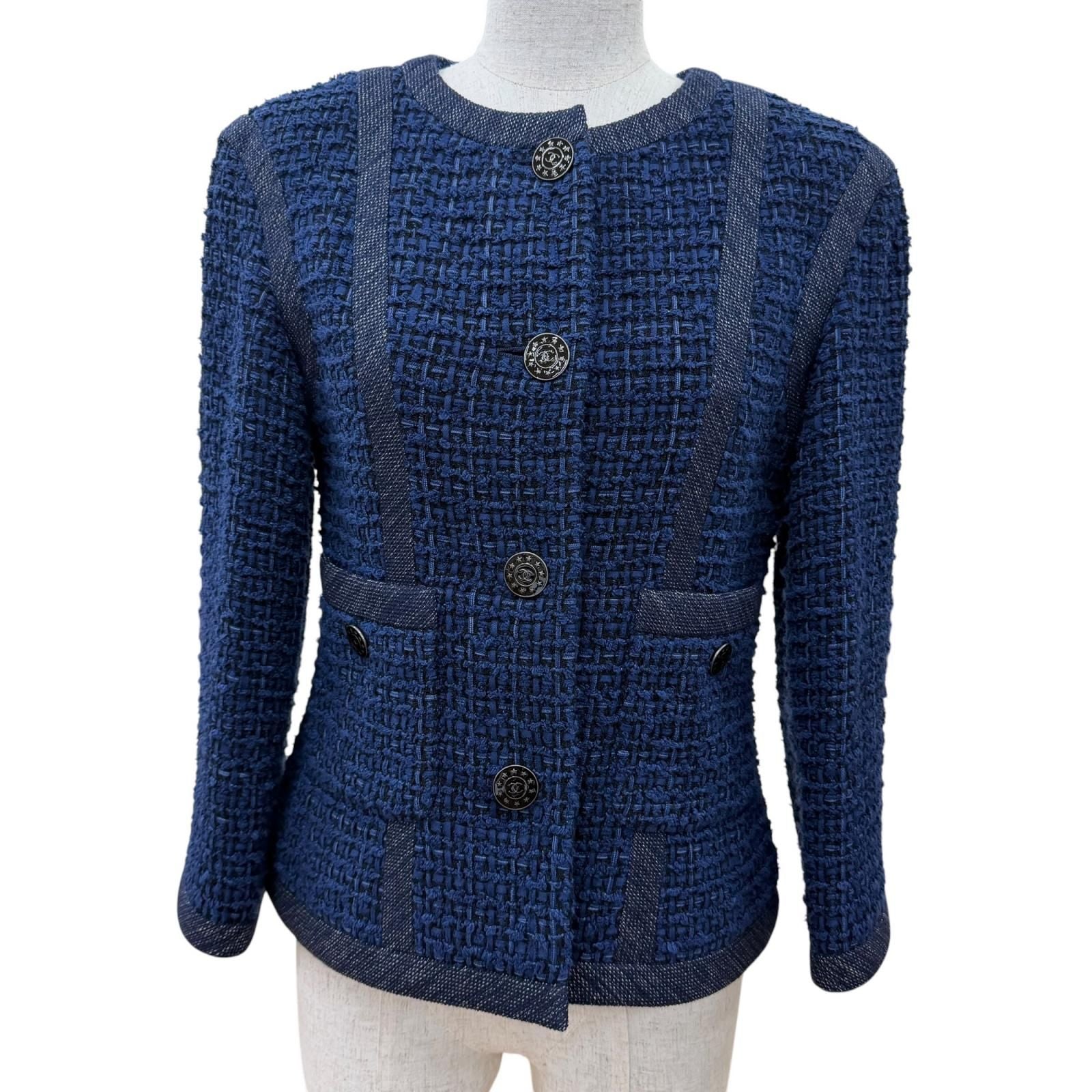 Chanel CC Logo Button Tweed Jacket Collarless Navy 36