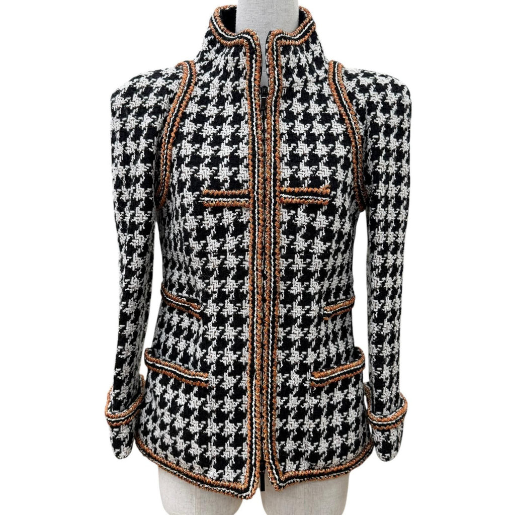 Chanel 17k Houndstooth Coco Button Zip Tweed Jacket Stand Color Black 34
