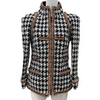 Chanel 17k Houndstooth Coco Button Zip Tweed Jacket Stand Color Black 34