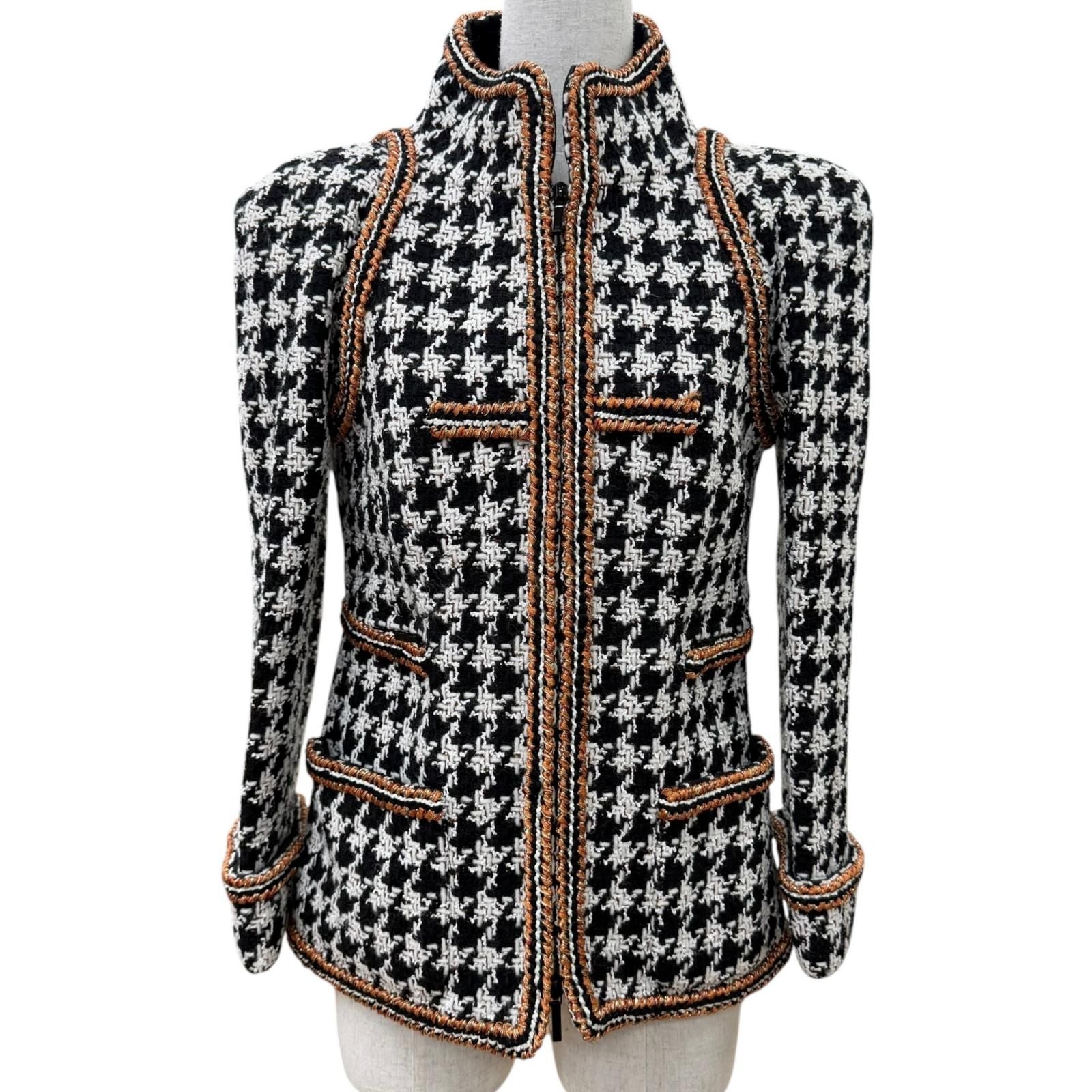 Chanel 17k Houndstooth Coco Button Zip Tweed Jacket Stand Color Black 34