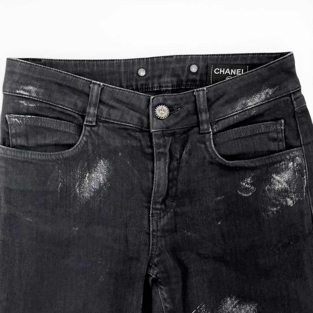 Chanel Cotton Coco Button Painted Skinny Denim Pants Black 36 — view 3