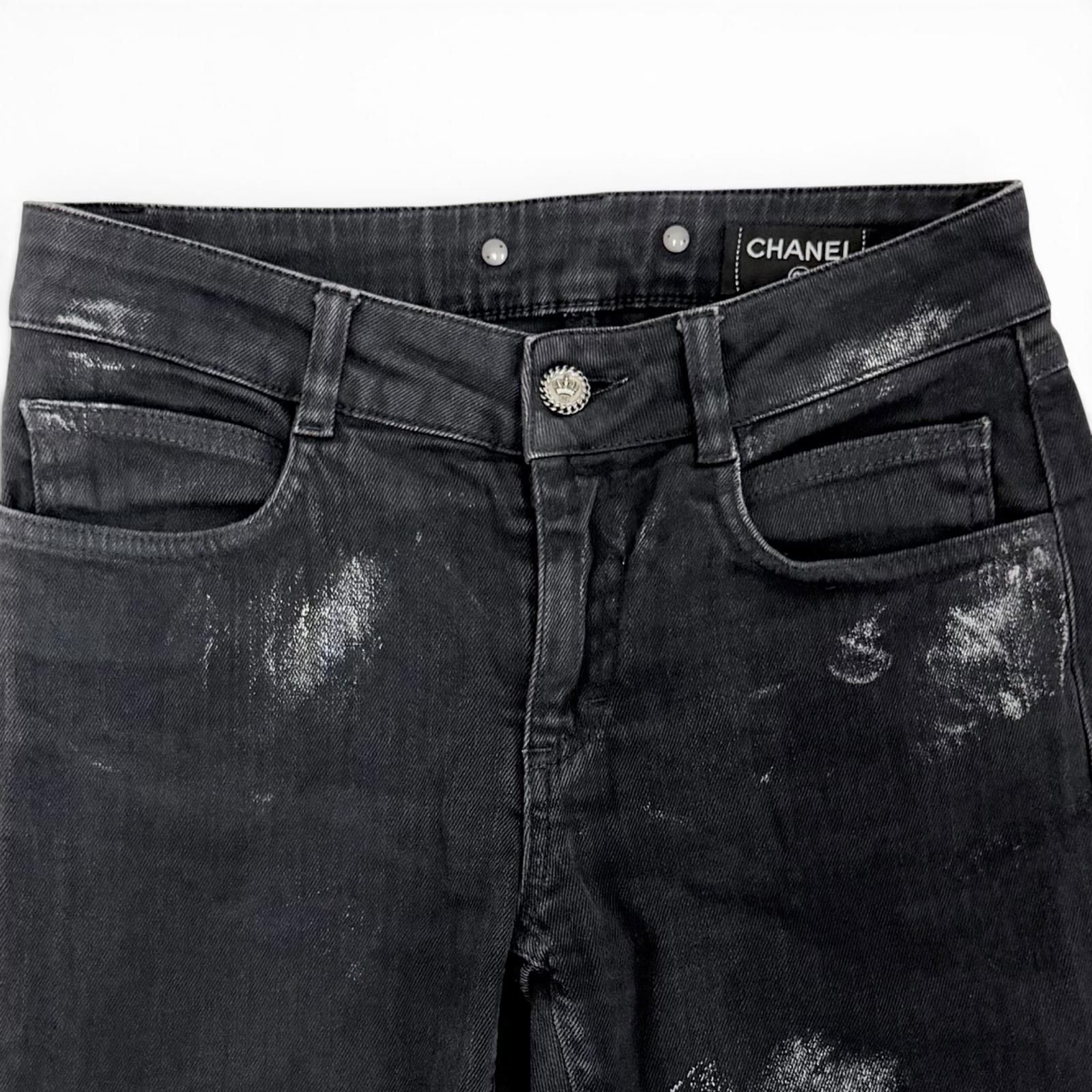 Chanel Cotton Coco Button Painted Skinny Denim Pants Black 36 — view 3