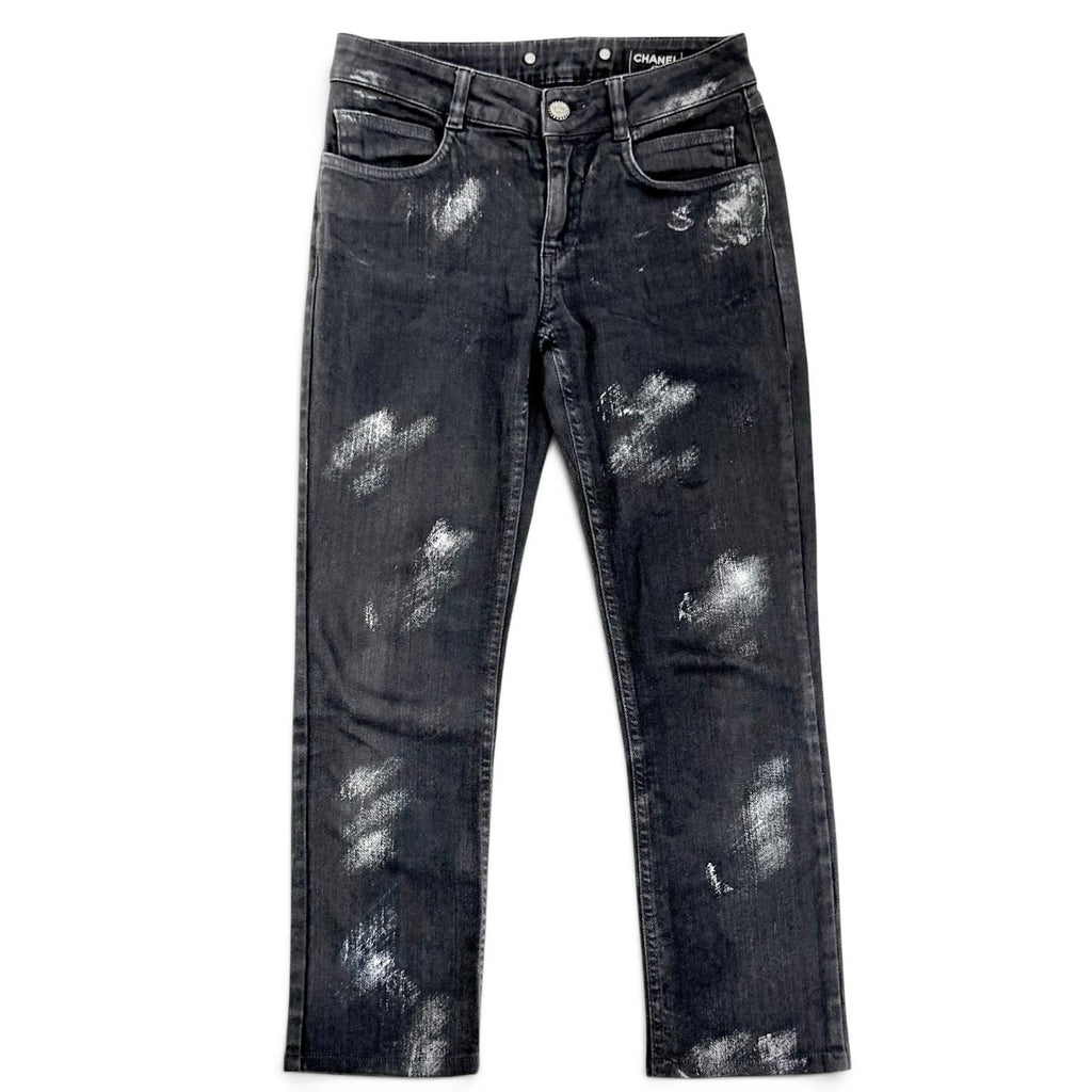 Chanel Cotton Coco Button Painted Skinny Denim Pants Black 36