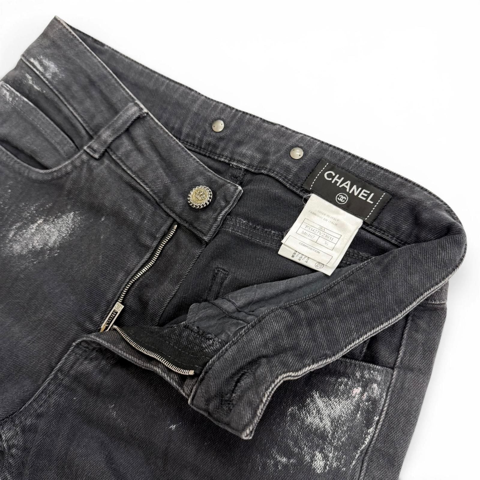 Chanel Cotton Coco Button Painted Skinny Denim Pants Black 36 — view 6