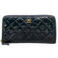Chanel Wallet Quilted Navy Zip Around Gold Leather