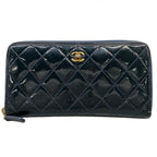 Chanel Wallet Quilted Navy Zip Around Gold Leather