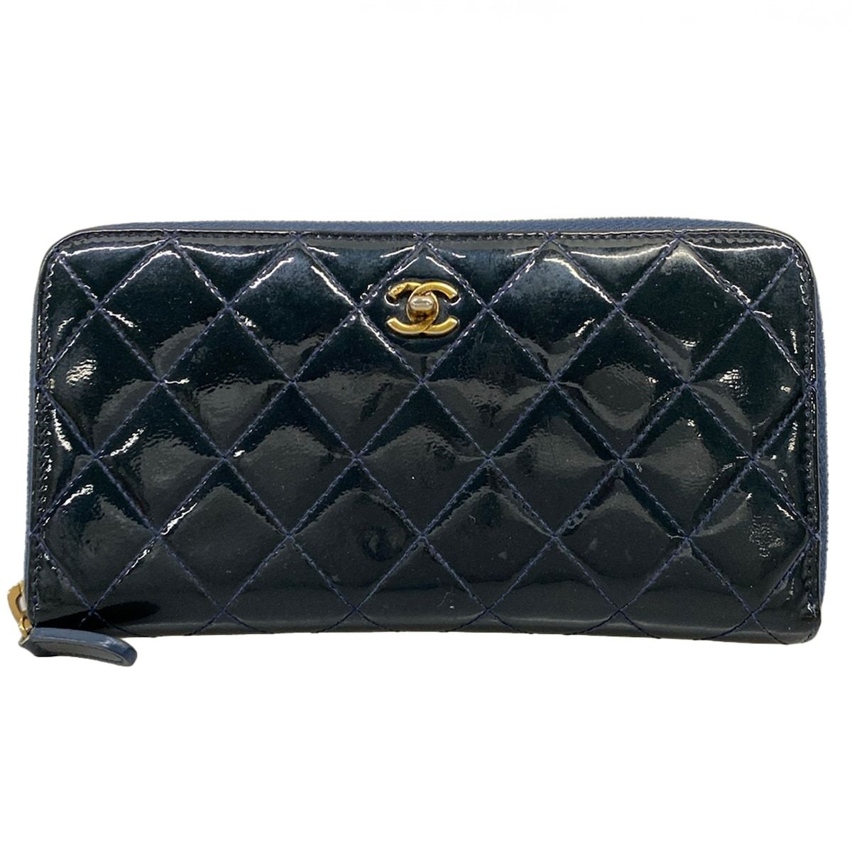 Chanel Wallet Quilted Navy Zip Around Gold Leather