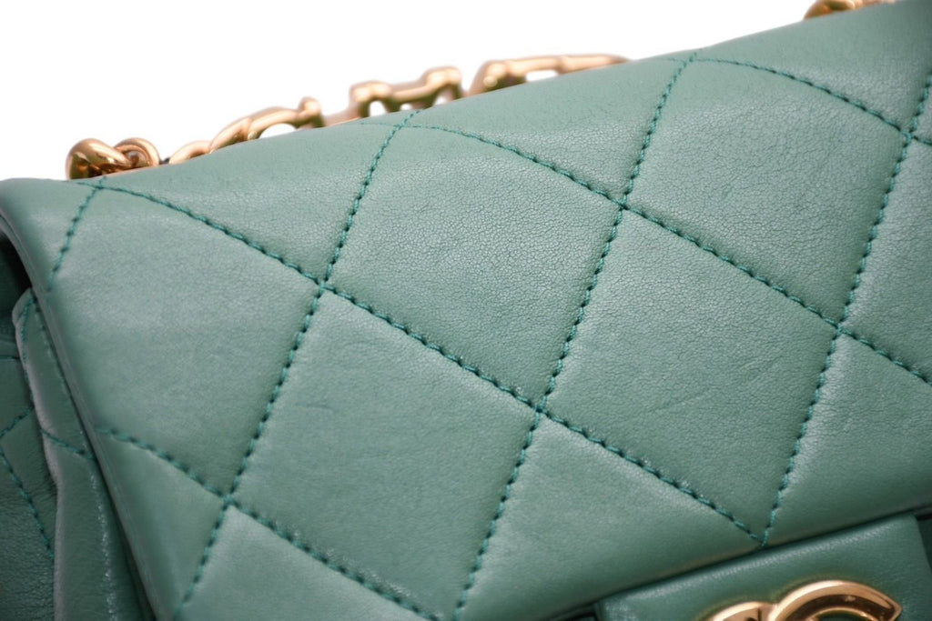 Chanel Mini Quilted Oval Logo Chain Handle Flap Bag Stand Lambskin Green Gold — view 4