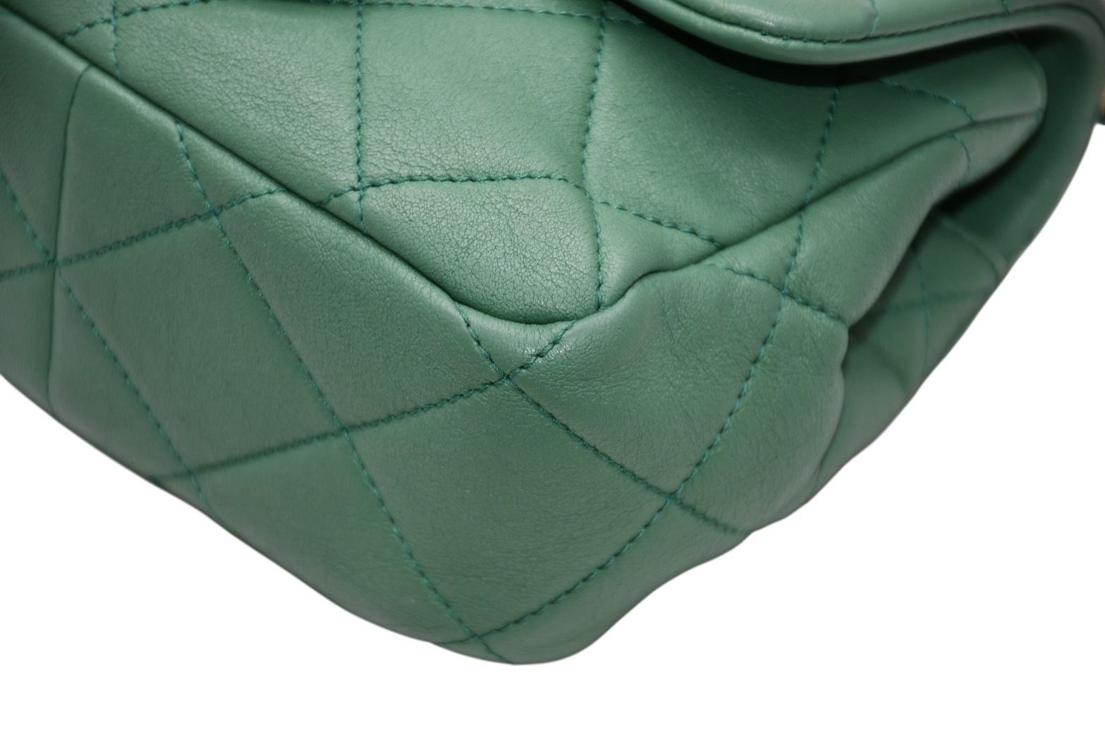 Chanel Mini Quilted Oval Logo Chain Handle Flap Bag Stand Lambskin Green Gold — view 7