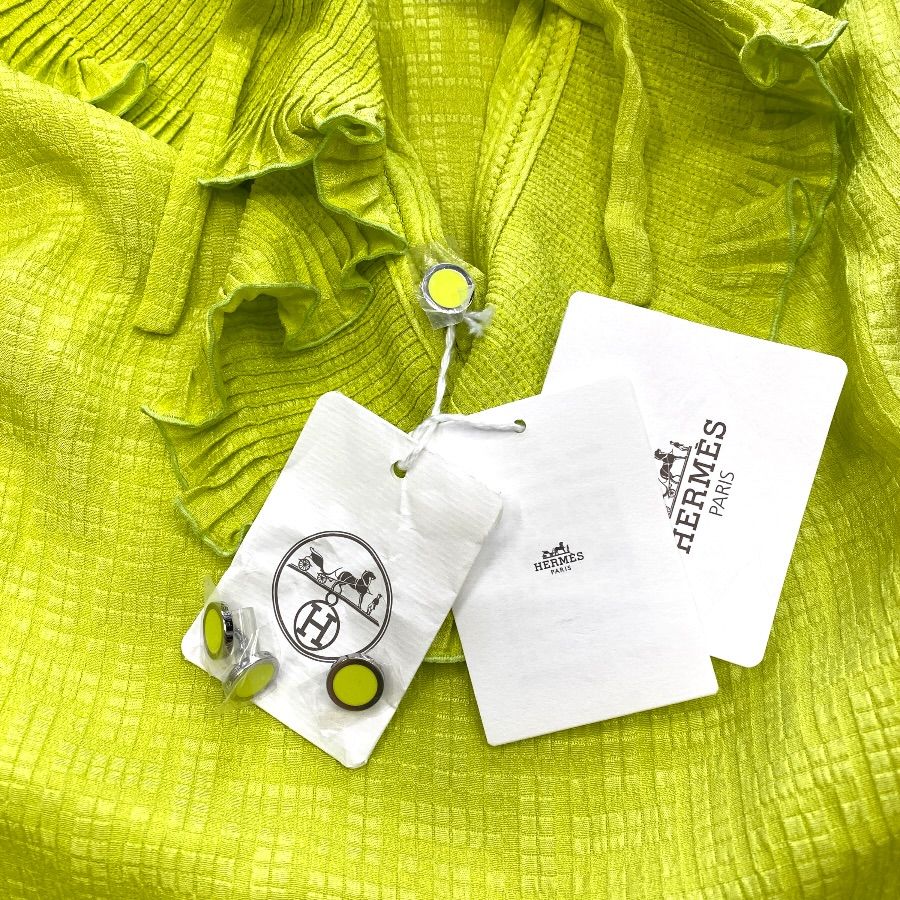 Hermes Tunic Blouse Ruffle Shirt Silk Lime Green High Quality Daily Practical — view 6