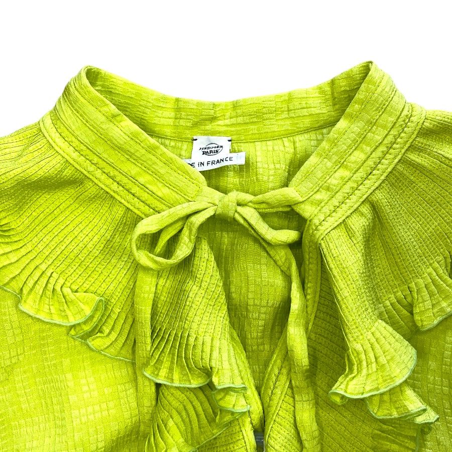 Hermes Tunic Blouse Ruffle Shirt Silk Lime Green High Quality Daily Practical — view 5