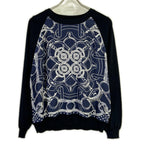 Hermes Navy Scarf Pattern Silk Contrast Knit Eperon D'or Bandana 42 Sweater