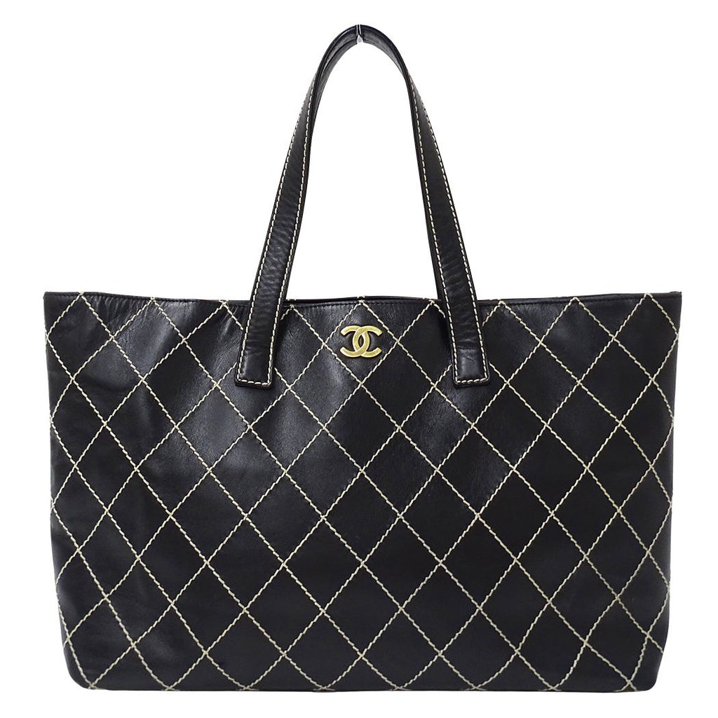 Chanel Wild Stitch Tote Leather Black Gold Shoulder Bag Large