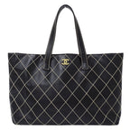 Chanel Wild Stitch Tote Leather Black Gold Shoulder Bag Large