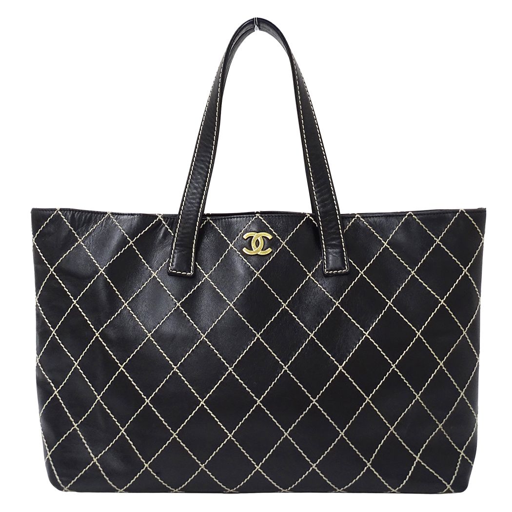 Chanel Wild Stitch Tote Leather Black Gold Shoulder Bag Large