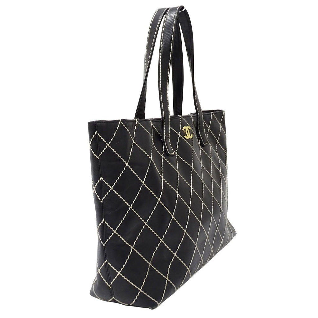 Chanel Wild Stitch Tote Leather Black Gold Shoulder Bag Large — view 4
