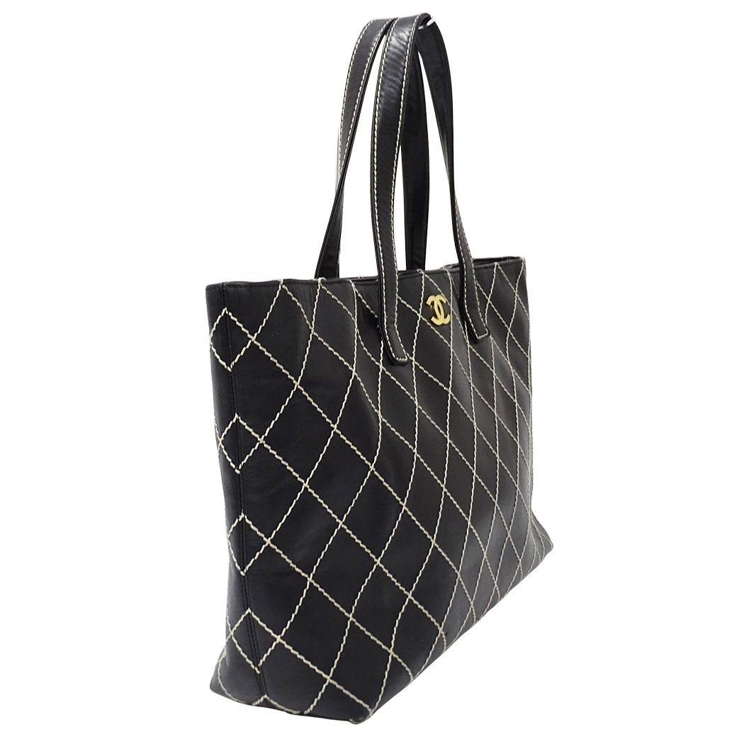 Chanel Wild Stitch Tote Leather Black Gold Shoulder Bag Large — view 4