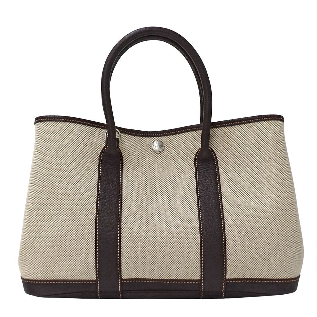 Hermes Tote Shoulder Bag 2-Way Garden Party TPM Toile Ash Brown Silver