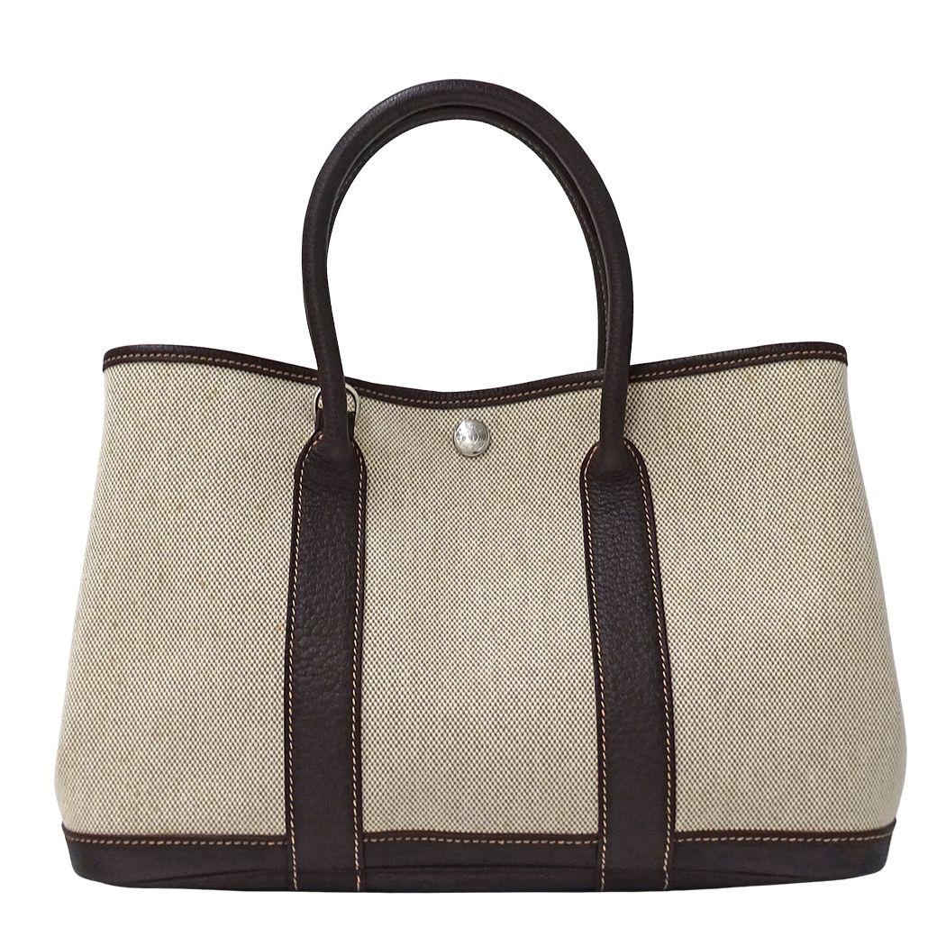 Hermes Tote Shoulder Bag 2-Way Garden Party TPM Toile Ash Brown Silver